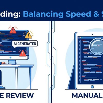 Vibe coding concept with developer reviewing AI-generated code
