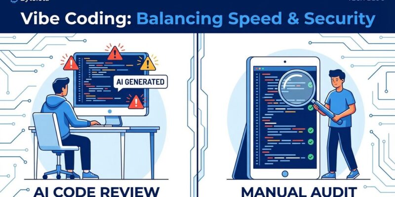 Vibe coding concept with developer reviewing AI-generated code