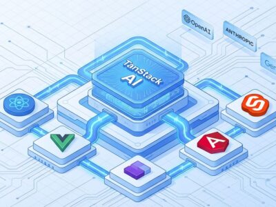 Isometric 3D illustration of TanStack AI framework architecture showing central core connected to React, Vue, Solid, Angular, and Svelte frameworks
