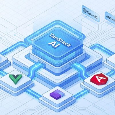 Isometric 3D illustration of TanStack AI framework architecture showing central core connected to React, Vue, Solid, Angular, and Svelte frameworks