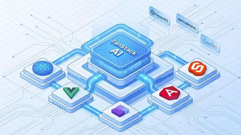 Isometric 3D illustration of TanStack AI framework architecture showing central core connected to React, Vue, Solid, Angular, and Svelte frameworks