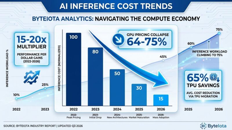 Data visualization showing AI inference cost trends with GPU pricing collapse from 2022-2026 and rising inference workload percentage