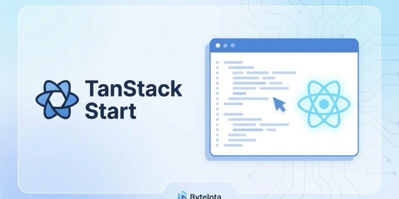 TanStack Start framework illustration with React symbol and code editor