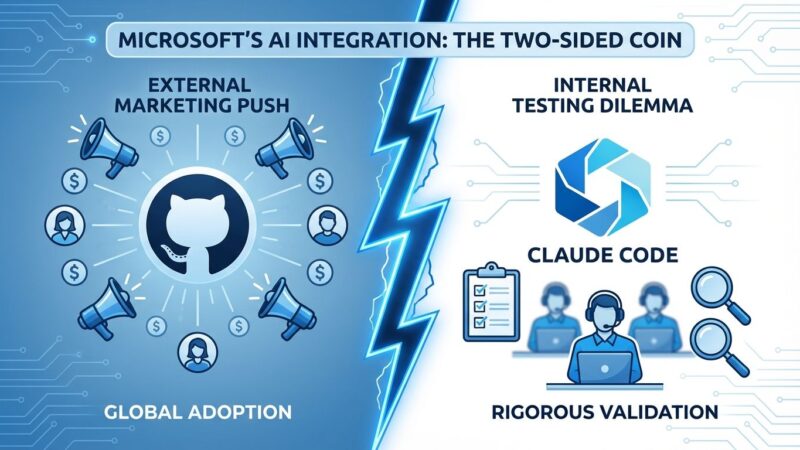 Split-screen illustration showing GitHub Copilot versus Claude Code internal testing