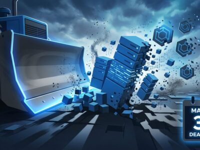 Abstract illustration of bulldozer breaking apart server infrastructure blocks representing Broadcom's VMware partner termination