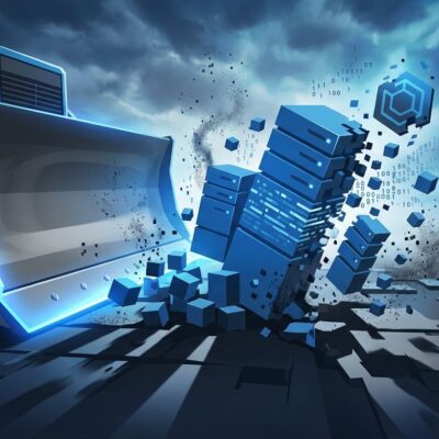 Abstract illustration of bulldozer breaking apart server infrastructure blocks representing Broadcom's VMware partner termination