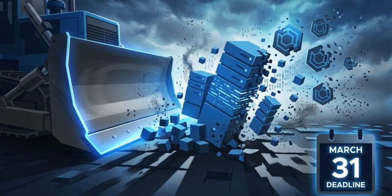 Abstract illustration of bulldozer breaking apart server infrastructure blocks representing Broadcom's VMware partner termination