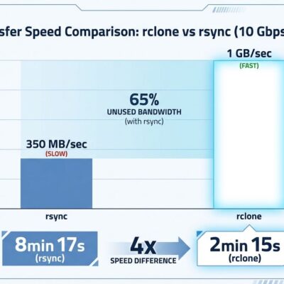 Bar chart showing rclone 4x faster than rsync on 10 Gbps network