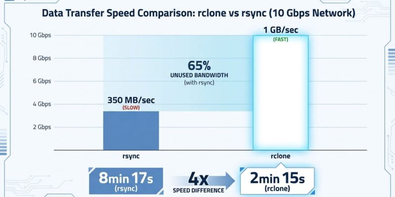 Bar chart showing rclone 4x faster than rsync on 10 Gbps network