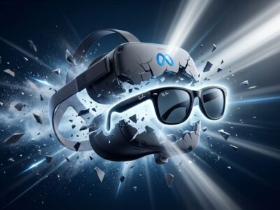 Meta VR headset shattering with Ray-Ban smart glasses emerging from debris, symbolizing Meta's pivot from metaverse to AI wearables