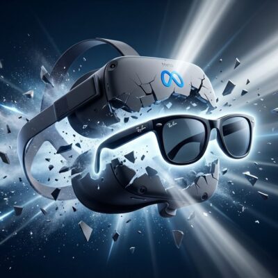 Meta VR headset shattering with Ray-Ban smart glasses emerging from debris, symbolizing Meta's pivot from metaverse to AI wearables