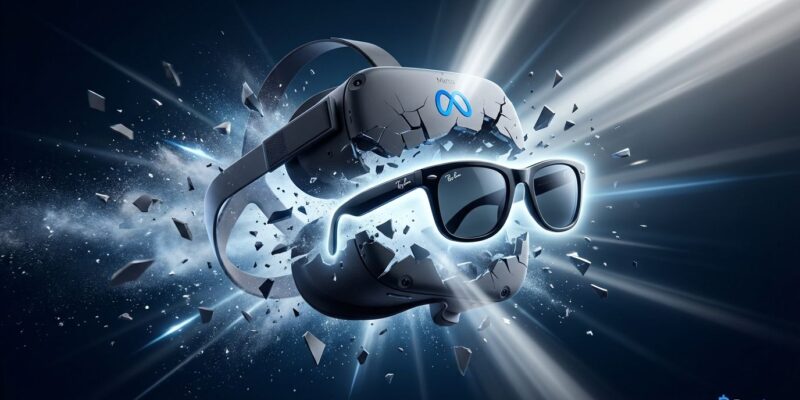 Meta VR headset shattering with Ray-Ban smart glasses emerging from debris, symbolizing Meta's pivot from metaverse to AI wearables
