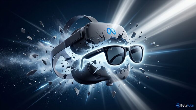 Meta VR headset shattering with Ray-Ban smart glasses emerging from debris, symbolizing Meta's pivot from metaverse to AI wearables