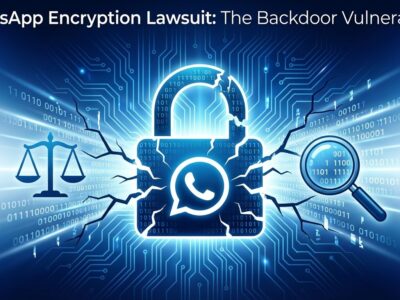 Broken padlock representing WhatsApp encryption vulnerability and backdoor claims in class-action lawsuit