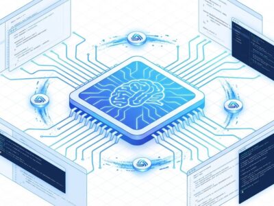 Claude-mem memory chip illustration with neural network pathways connecting to code editors, representing AI-powered persistent memory for Claude Code