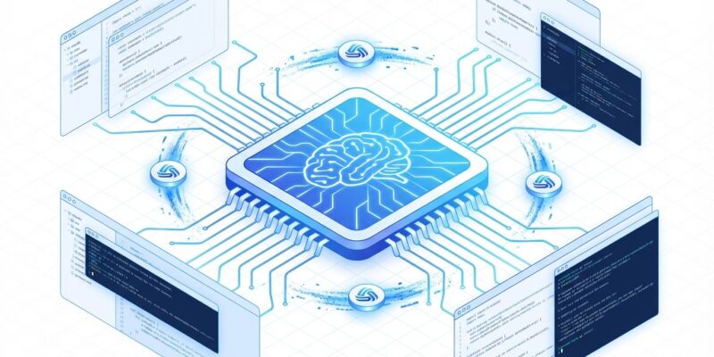 Claude-mem memory chip illustration with neural network pathways connecting to code editors, representing AI-powered persistent memory for Claude Code