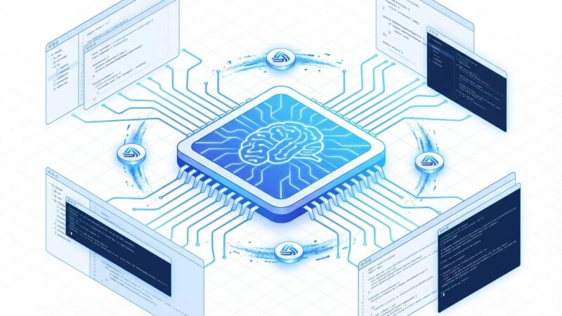 Claude-mem memory chip illustration with neural network pathways connecting to code editors, representing AI-powered persistent memory for Claude Code
