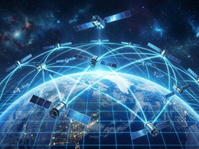 Satellites in orbital constellation around Earth with data streams