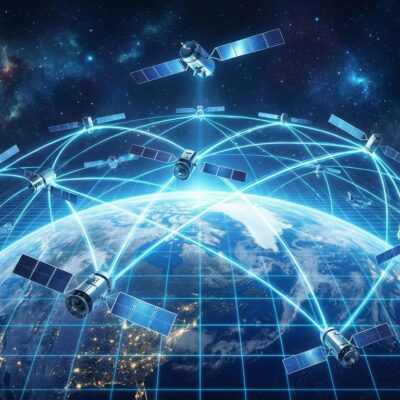 Satellites in orbital constellation around Earth with data streams