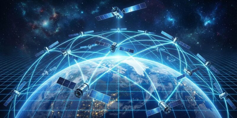 Satellites in orbital constellation around Earth with data streams