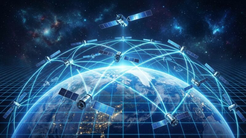 Satellites in orbital constellation around Earth with data streams