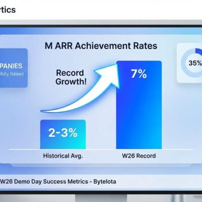 Data visualization showing YC W26 Demo Day metrics with 7% of startups hitting ARR vs 2-3% historical average