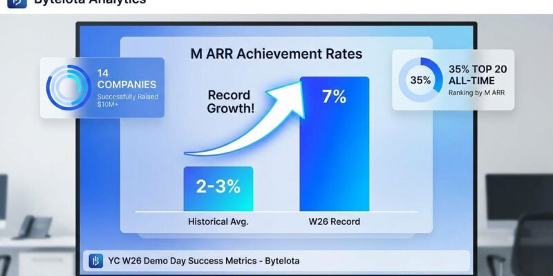 Data visualization showing YC W26 Demo Day metrics with 7% of startups hitting ARR vs 2-3% historical average