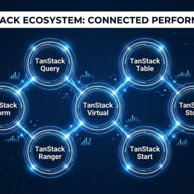 TanStack ecosystem visualization showing 9 interconnected tools with performance metrics