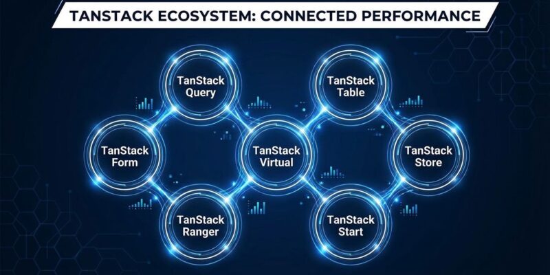 TanStack ecosystem visualization showing 9 interconnected tools with performance metrics