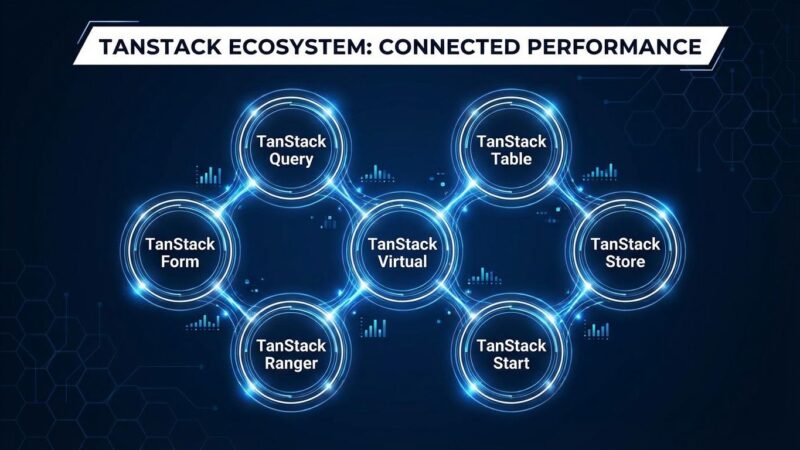 TanStack ecosystem visualization showing 9 interconnected tools with performance metrics