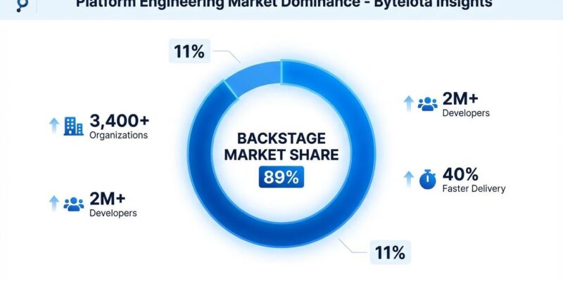 Data visualization showing Backstage commanding 89% IDP market share with 3,400+ organizations and 2M+ developers
