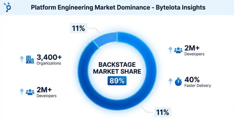 Data visualization showing Backstage commanding 89% IDP market share with 3,400+ organizations and 2M+ developers