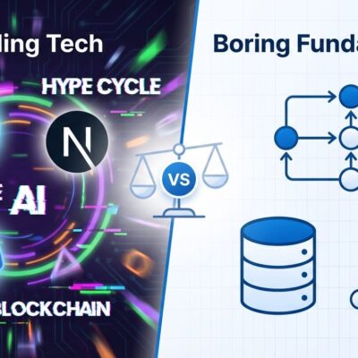 Split image showing chaotic trending frameworks versus stable fundamentals illustrating career development tension