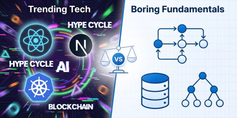 Split image showing chaotic trending frameworks versus stable fundamentals illustrating career development tension
