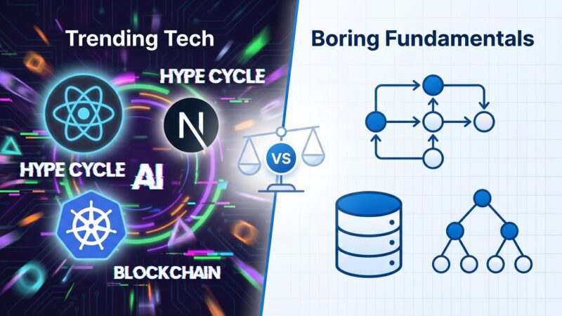 Split image showing chaotic trending frameworks versus stable fundamentals illustrating career development tension