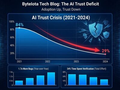 Data visualization showing AI trust crisis - 84% developer adoption vs 29% trust, declining graph highlighting the paradox