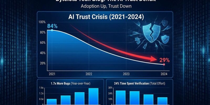 Data visualization showing AI trust crisis - 84% developer adoption vs 29% trust, declining graph highlighting the paradox