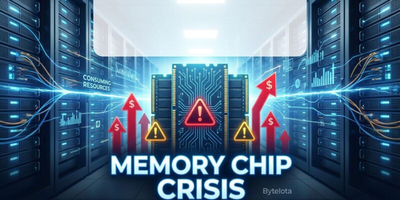Visualization of RAM shortage crisis with memory chips and data center imagery showing AI demand impact