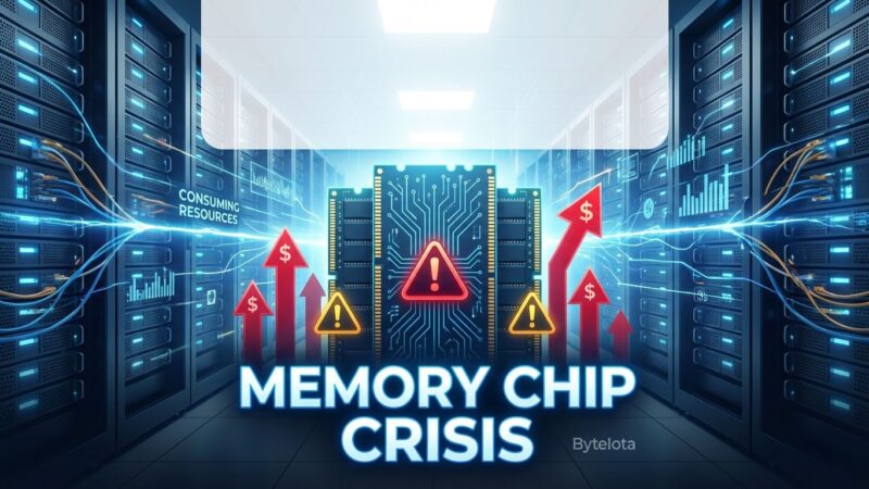 Visualization of RAM shortage crisis with memory chips and data center imagery showing AI demand impact