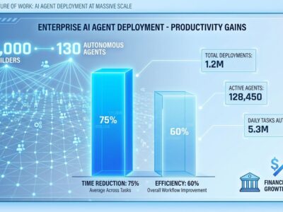 Data visualization dashboard showing BNY Mellon's enterprise AI agent deployment with 75% productivity gains and 20,000 builders connected to 130 autonomous agents