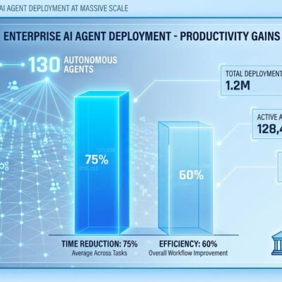 Data visualization dashboard showing BNY Mellon's enterprise AI agent deployment with 75% productivity gains and 20,000 builders connected to 130 autonomous agents