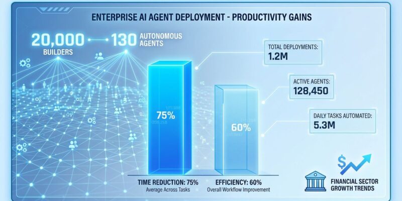Data visualization dashboard showing BNY Mellon's enterprise AI agent deployment with 75% productivity gains and 20,000 builders connected to 130 autonomous agents