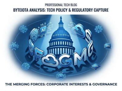 Regulatory capture visualization showing government and corporate symbols merging, representing tech billionaires controlling AI policy