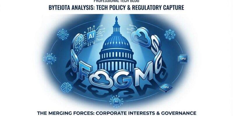 Regulatory capture visualization showing government and corporate symbols merging, representing tech billionaires controlling AI policy
