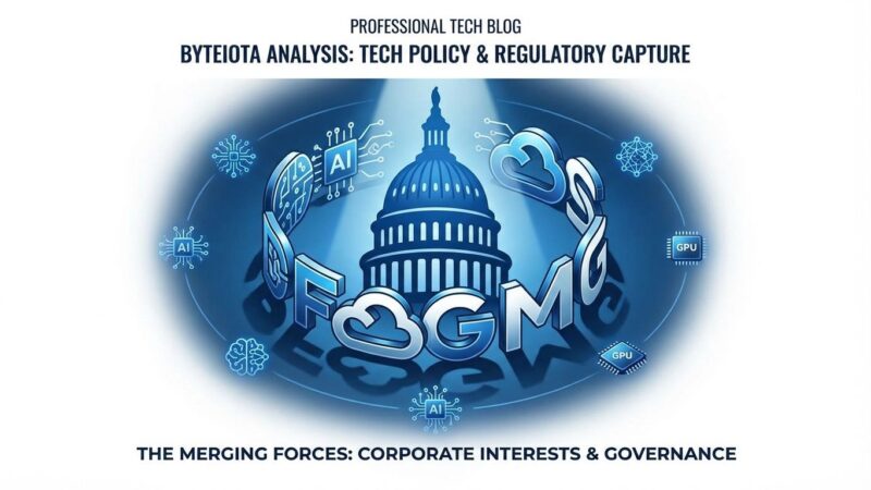 Regulatory capture visualization showing government and corporate symbols merging, representing tech billionaires controlling AI policy