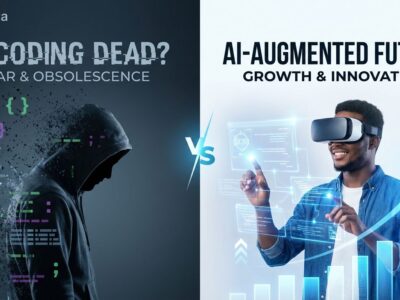 Split-screen visualization showing the coding is dead debate - fear and obsolescence on left contrasting with adaptation and growth on right