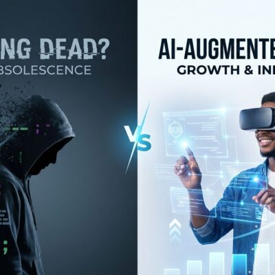Split-screen visualization showing the coding is dead debate - fear and obsolescence on left contrasting with adaptation and growth on right