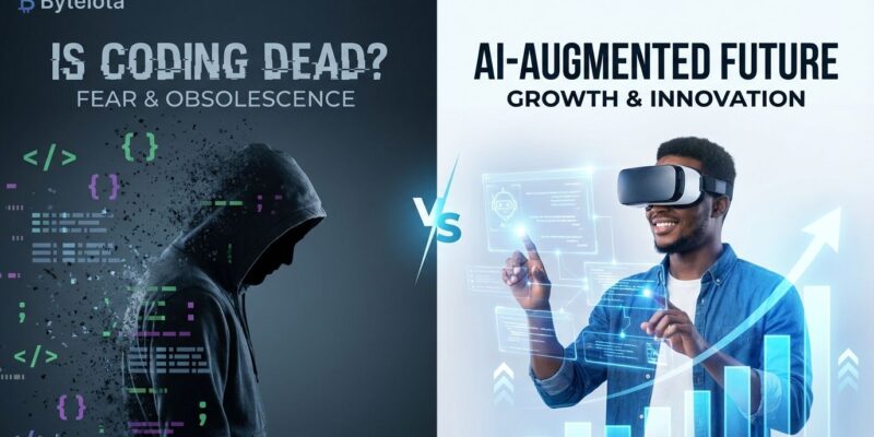 Split-screen visualization showing the coding is dead debate - fear and obsolescence on left contrasting with adaptation and growth on right