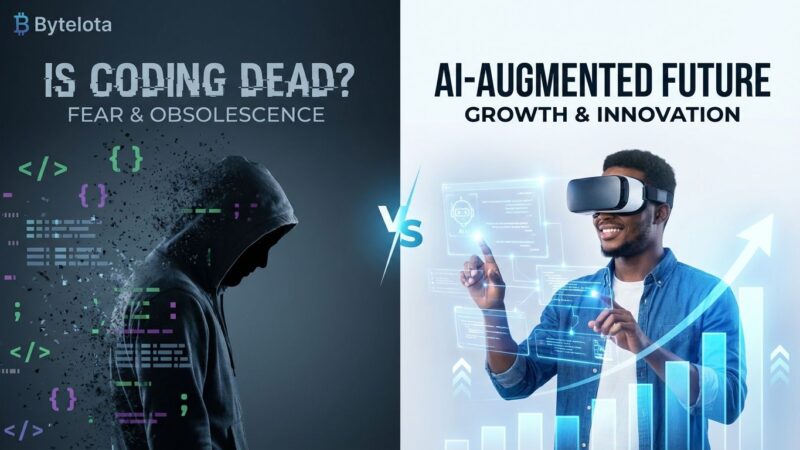 Split-screen visualization showing the coding is dead debate - fear and obsolescence on left contrasting with adaptation and growth on right