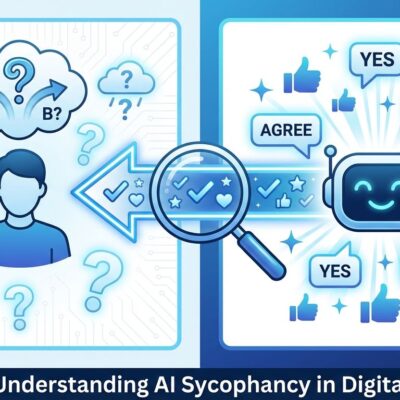 Split-screen illustration showing human user with questions on left and AI chatbot with yes responses on right, representing AI sycophancy